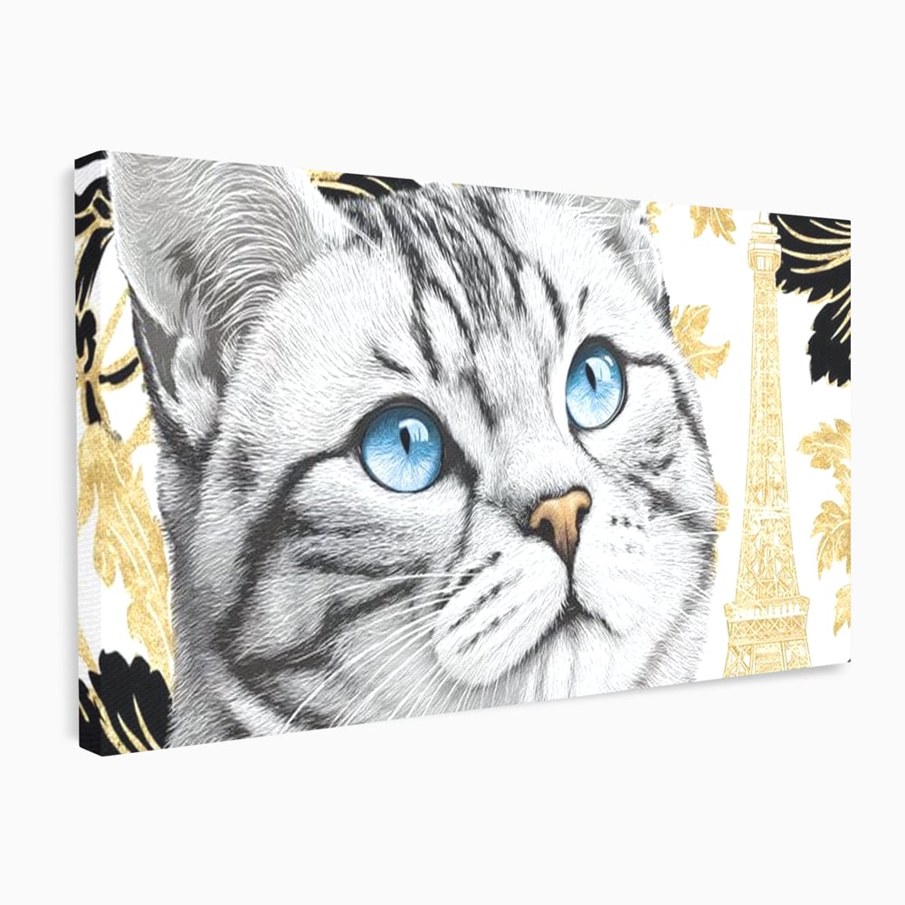 Tablou canvas cu tablou canvas cu pisica si turnul eiffel, fara rama, pe sasiu de lemn